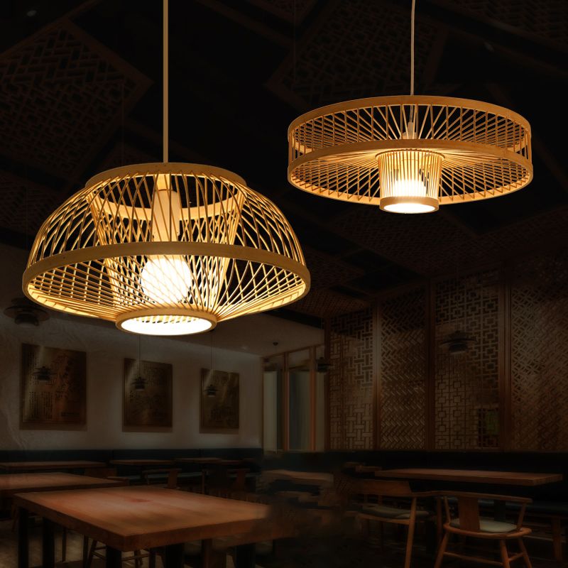 Woven Suspension Lighting Minimalist Bamboo 1 Bulb Wood Hanging Lamp for Restaurant