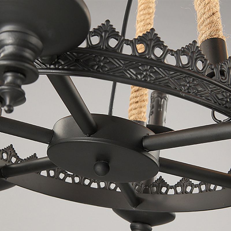 Iron Candle Chandelier Light Fixture Warehouse 6/8 Heads Dining Room Hanging Ceiling Light in Black with Rope Cord