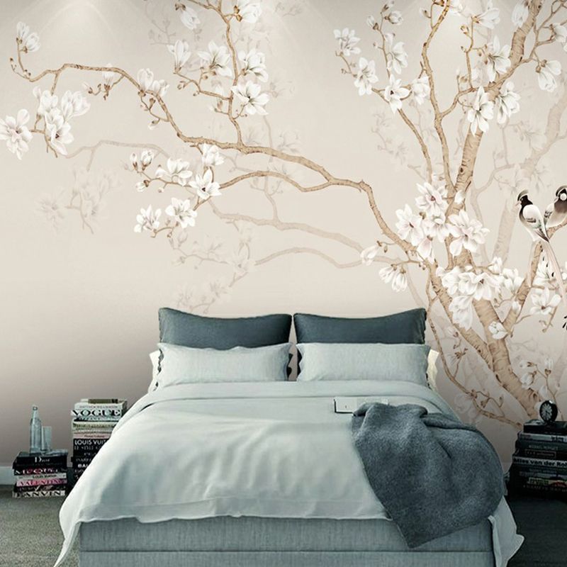 Beige Plum Blossom Wall Mural Flower Rustic Moisture Resistant Wall Decor for Home