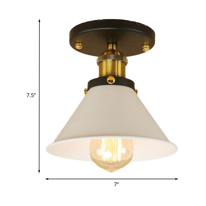 1 Bulb Semi-Flush Mount Vintage Industrial Conic Shade Metal Ceiling Light Fixture in White/Brass