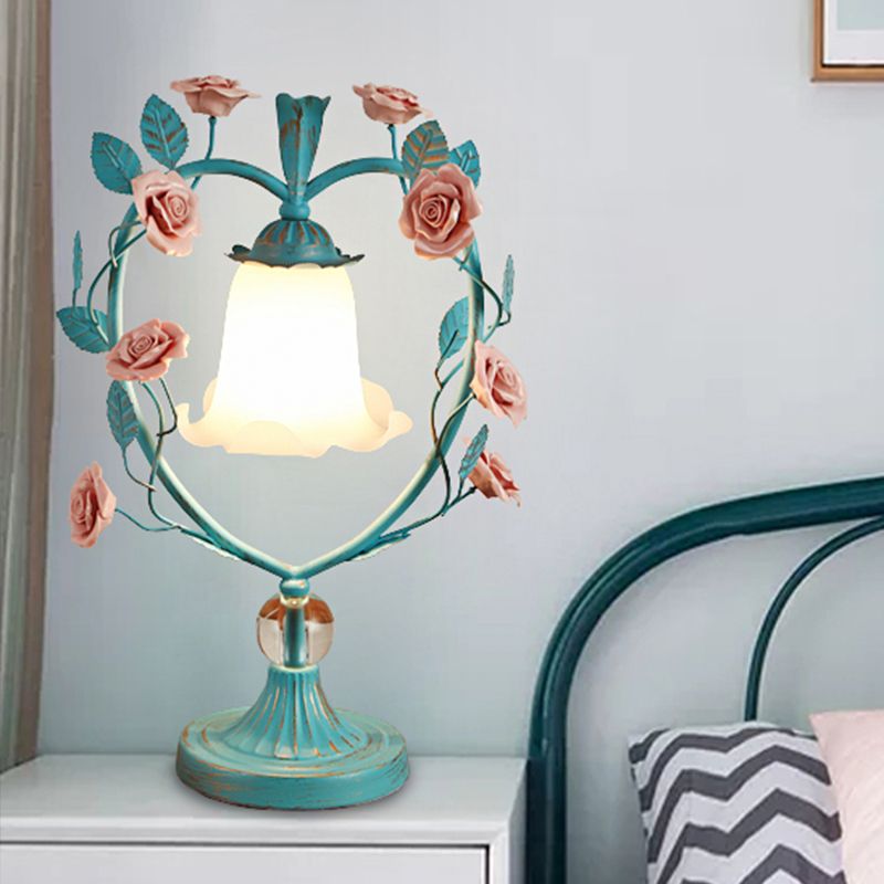 Beige/Blue Single Head Night Light Classic White Glass Bloom Reading Book Lamp with Heart Frame and Rose Design