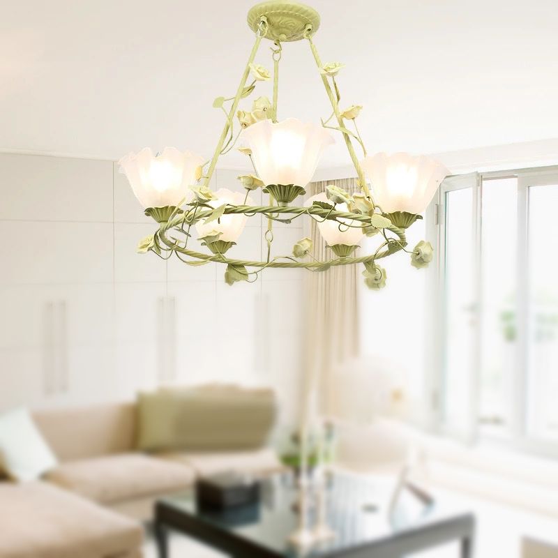 Green 5 Heads Chandelier Lighting Korean Flower Frosted Glass Circle Pendant Ceiling Light for Living Room