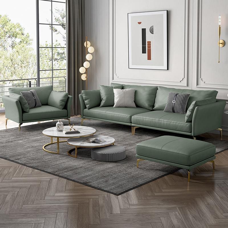 Genuine Leather Flared Arm Sofa Luxurious Green Sofa with Pillows