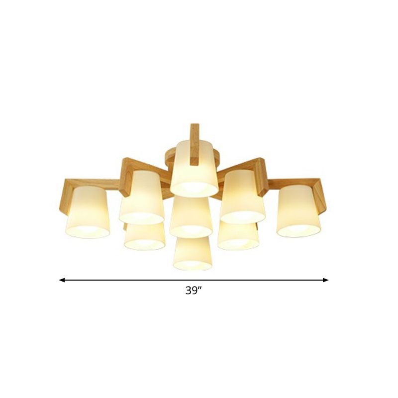 Conic Living Room Semi Flush Ceiling Light Frosted Glass Modern Flush Mount Light in Wood