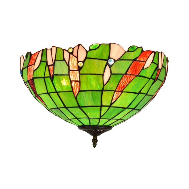 Cut Glass Domed Flush Mount Lighting Fixture Baroque 3 Lights Green Flush Light for Corridor