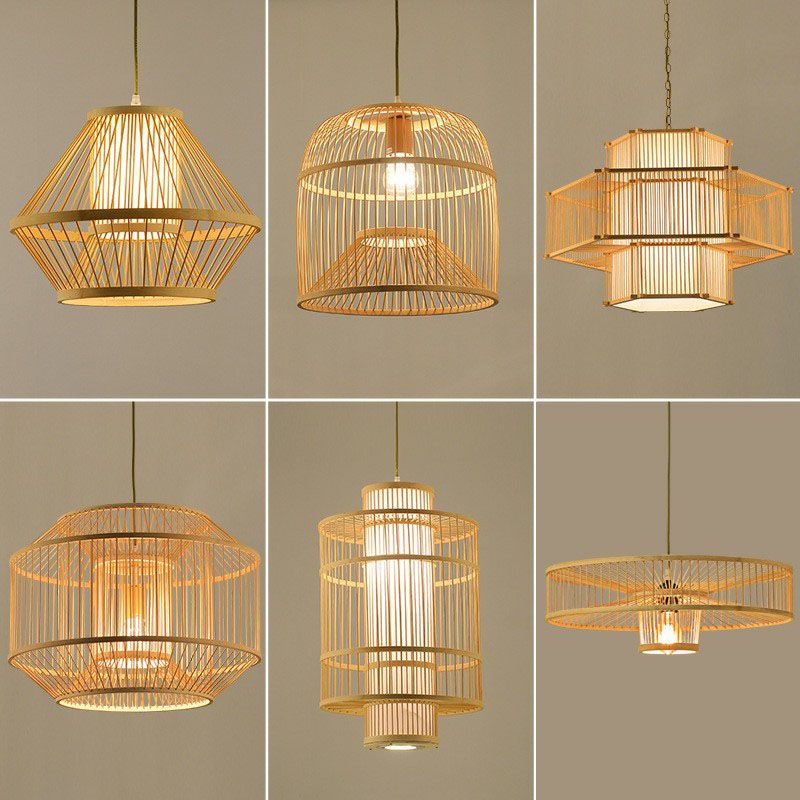 Geometric Shape Guest Room Pendant Light Bamboo Single Asian Hanging Light in Wood