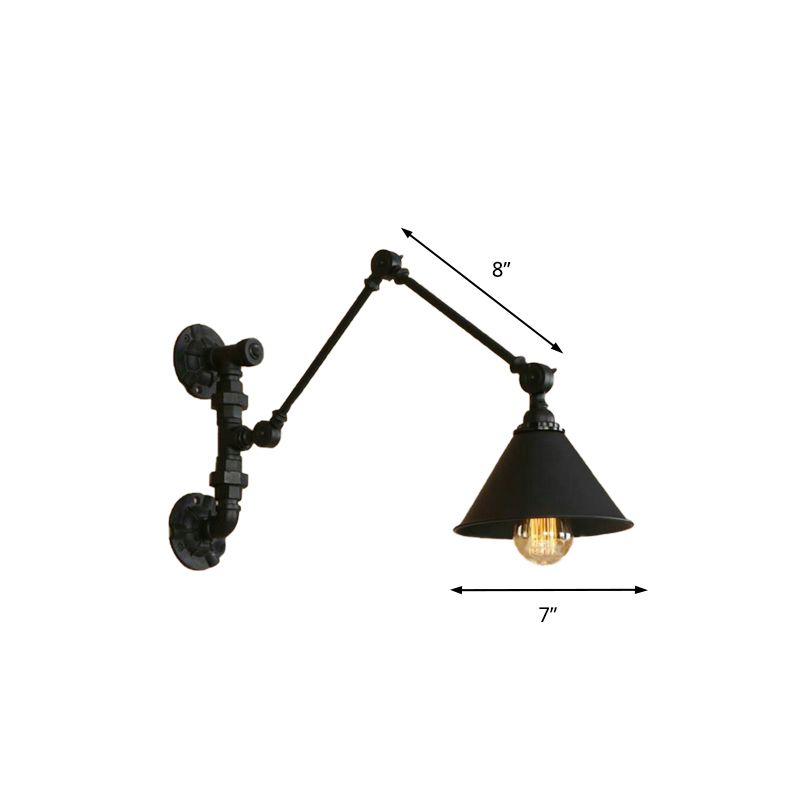 Swing Arm Bedroom Wall Sconce Industrial Metal 1 Light Black Wall Mount Light with Cone Shade, 7"/8.5" Wide