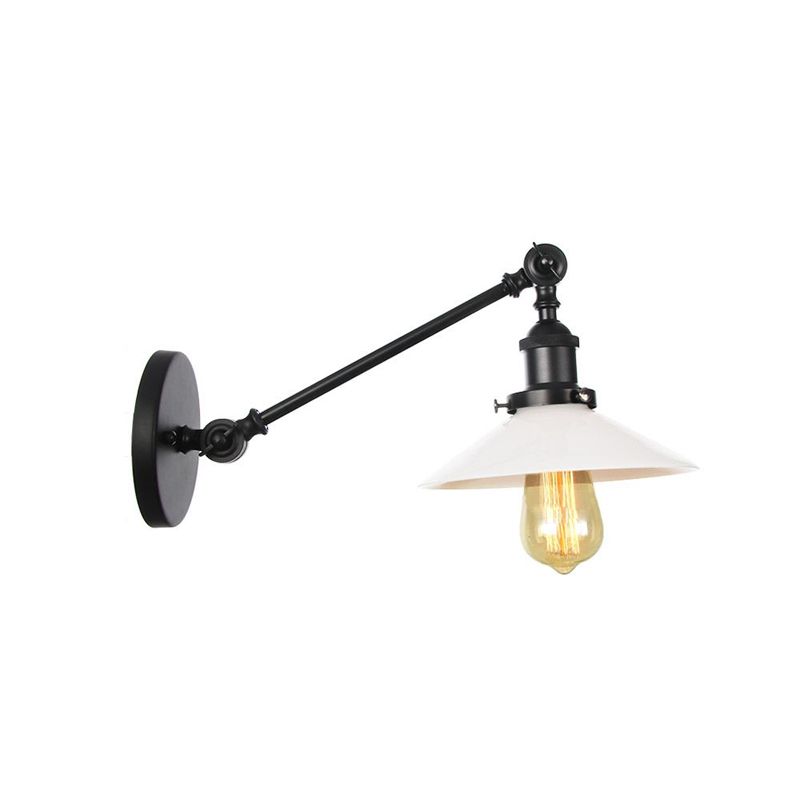 Industrial Conical Sconce Light 1 Light Opal Glass Wall Lamp in Black/Bronze/Brass with Arm, 8"/12" L