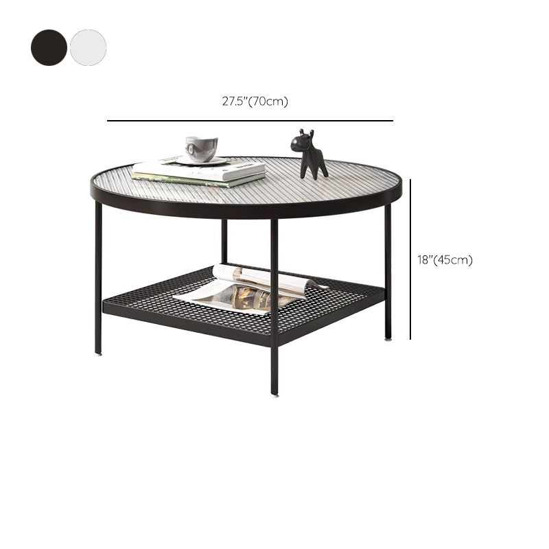 Round Glass Cocktail Table Iron 4 Legs Coffee Table with Shelf