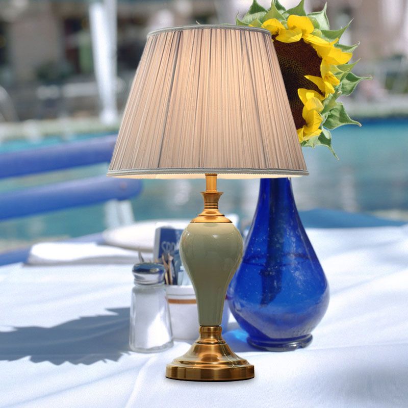 Ceramic Urn Table Lighting Vintage 1 Bulb Bedside Nightstand Light in Aqua/Beige/Silver Grey with Tapered Fabric Shade