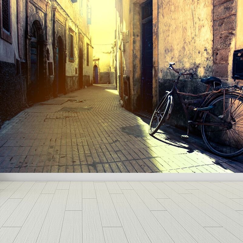 Light Yellow Contemporary Wall Mural Huge Bike and Houses Wall Decor for Living Room