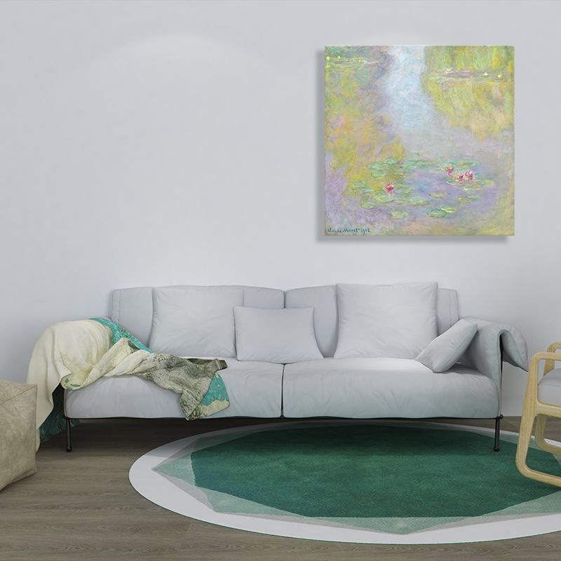 Green Lotus Flowers Scenery Canvas Textured French Rustic Style Bathroom Painting