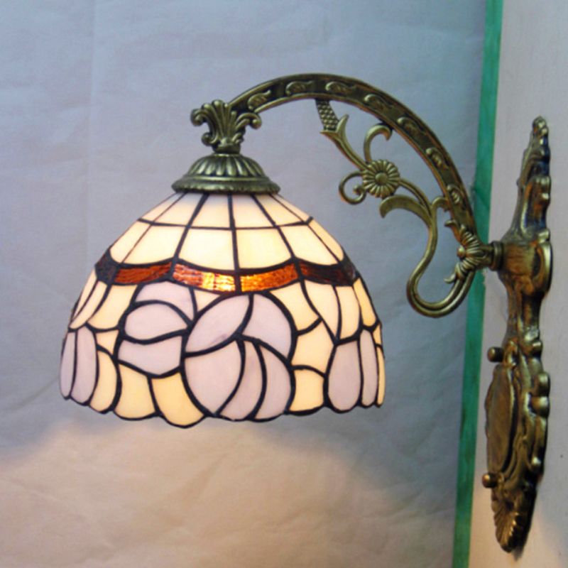 1 Light Bowl Wall Lamp Sconce Tiffany Style Blue Stained Art Glass Wall Lighting with Arched Arm