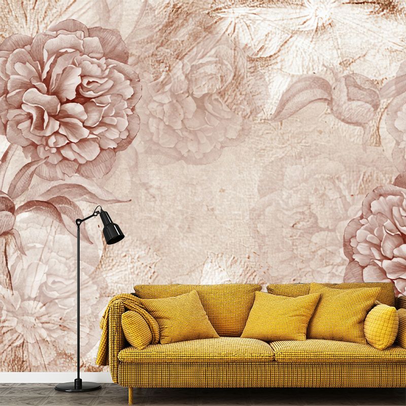 Big Peony Blossom Wall Mural Moisture Resistant Trendy Living Room Wall Covering in Light Pink