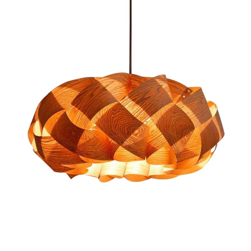 Asian Drum Shade Hanging Pendant Stranded-Weaving Wood Single Hotel Ceiling Light Fixture in Beige