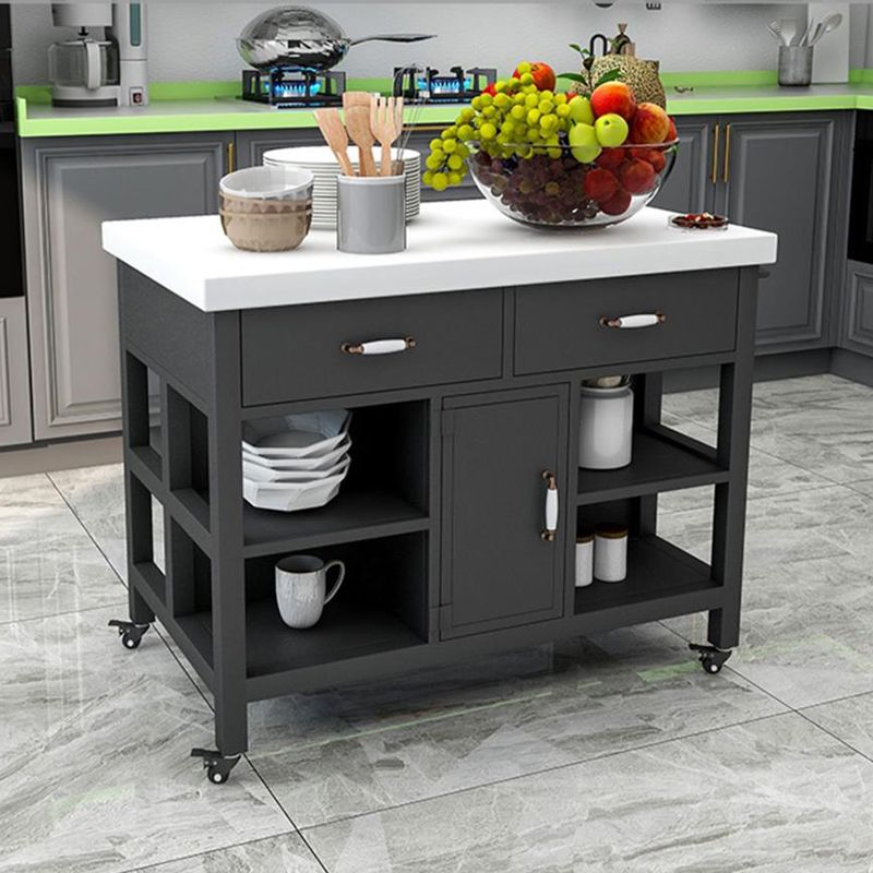 Faux Marble Rectangular Kitchen Island Cart with Black Metal Base