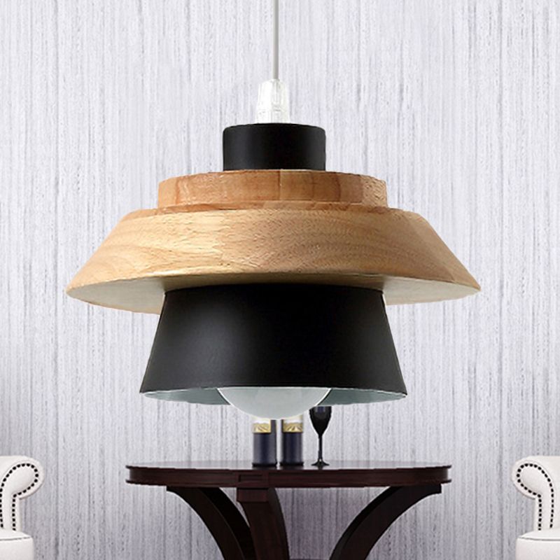 Macaron Style Mushroom Pendant Light Metal Wood 1 Light Hanging Light for Restaurant