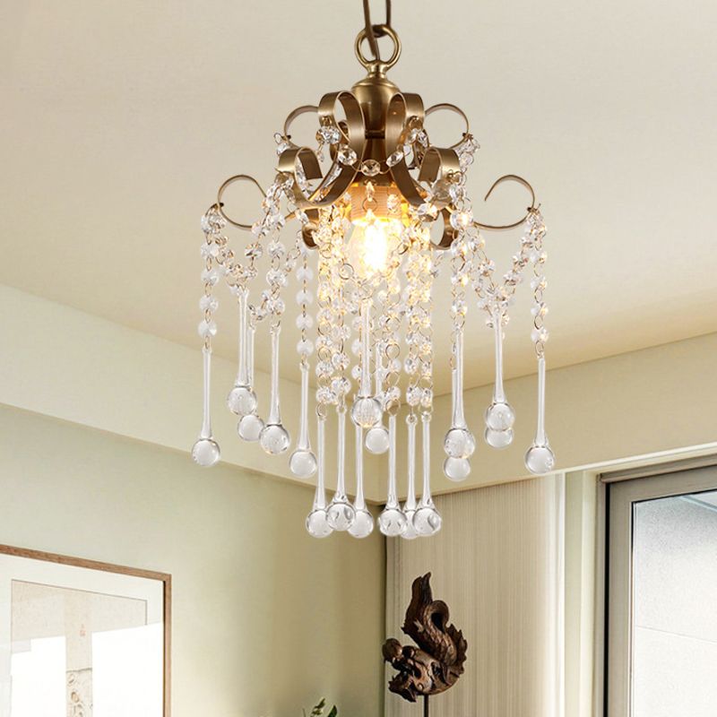 Gold Curved Pendant Lighting Modern Crystal Beads 1 Bulb Bedchamber Ceiling Suspension Lamp
