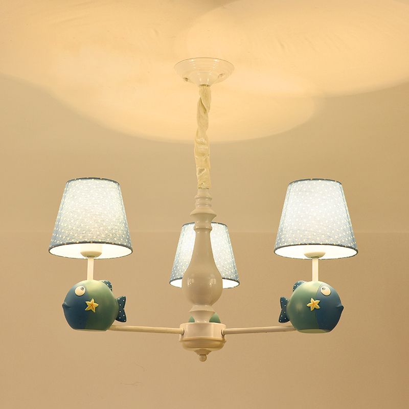 Cartoon Chandelier Lighting White Conical Suspension Light with Tapered Fabric Shade for Kids Room