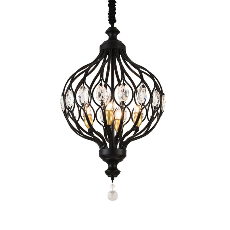 4/6 Lights Lantern Chandelier Contemporary Black/Gold Crystal Encrusted Hanging Lamp Kit