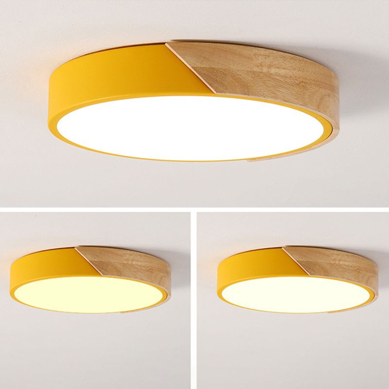 Plafonnier à 1 lumière en bois clair de forme ronde Macaron de style moderne pour le salon