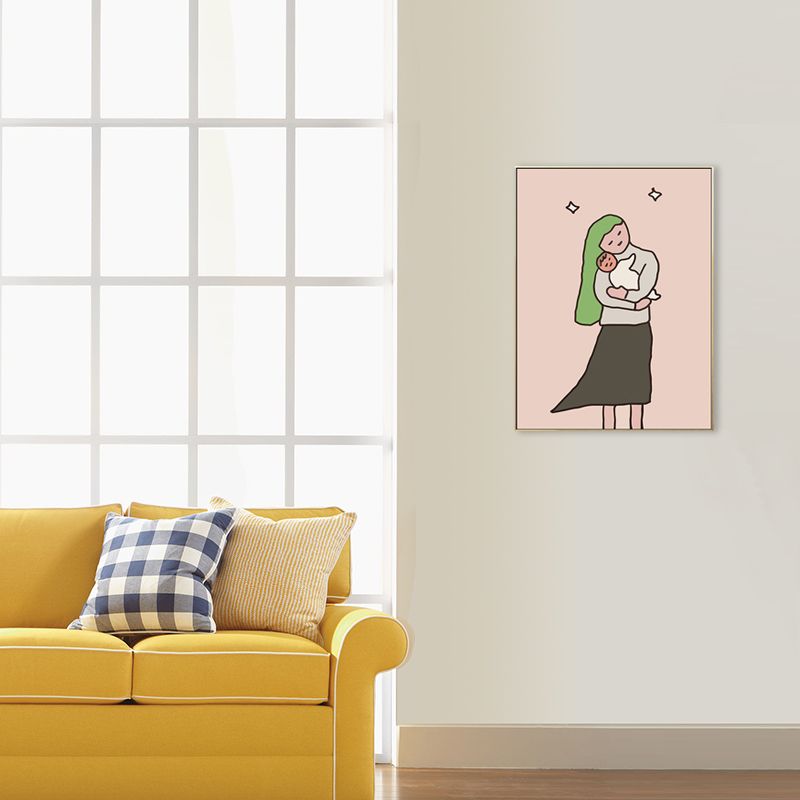 Happy Family Drawing Wall Art House Interior Figure Canvas Print in Pastel Color