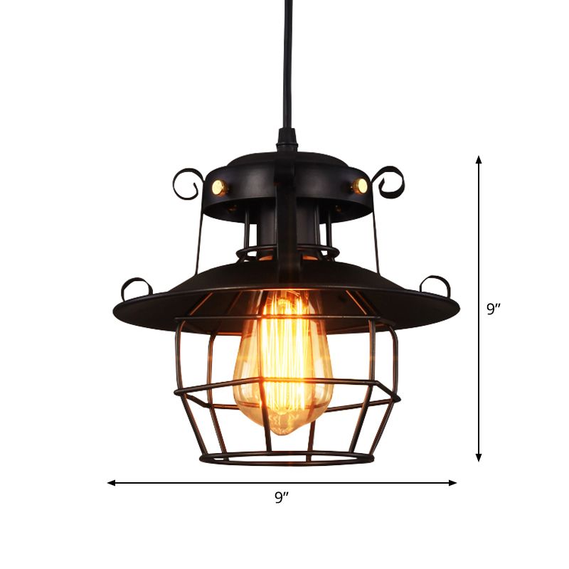 1-Bulb Ceiling Hanging Lantern Rustic Dining Room Down Lighting Pendant with Wire Cage in Black