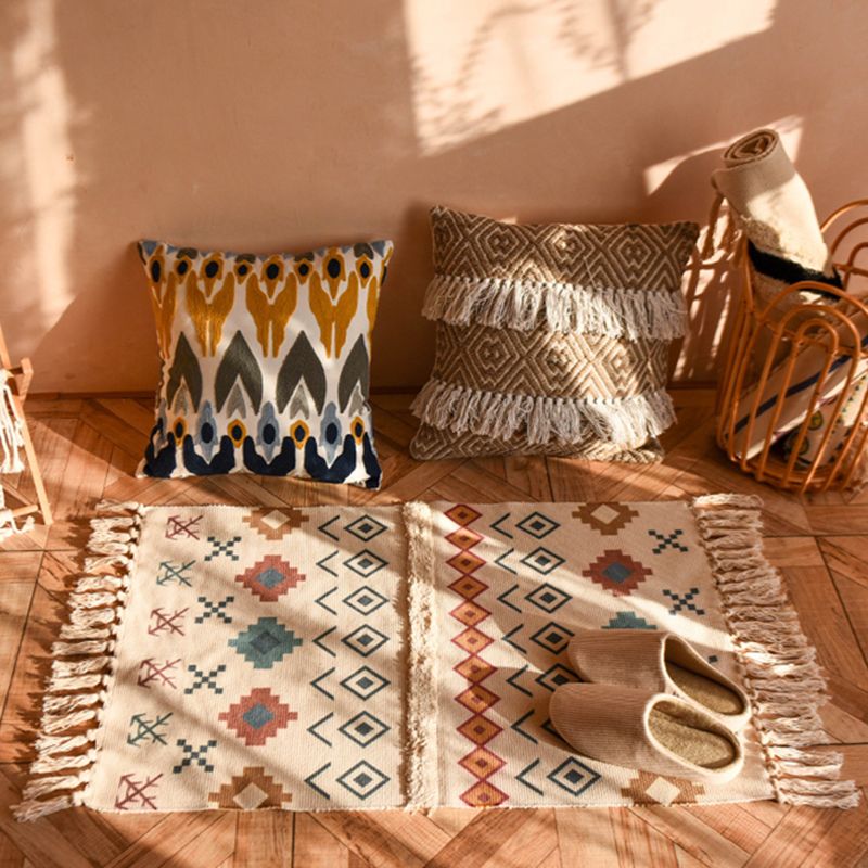 Bohemian Americana Rug Khaki Tone Cotton Blend Rug Washable Carpet with Fringe for Home Decor