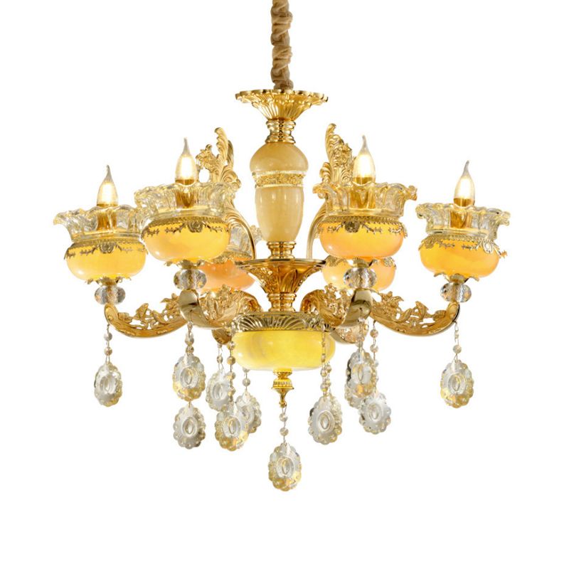 6-Light Chandelier Traditional Dining Hall Ceiling Suspension Lamp with Vase Mable Shade and Crystal Drape