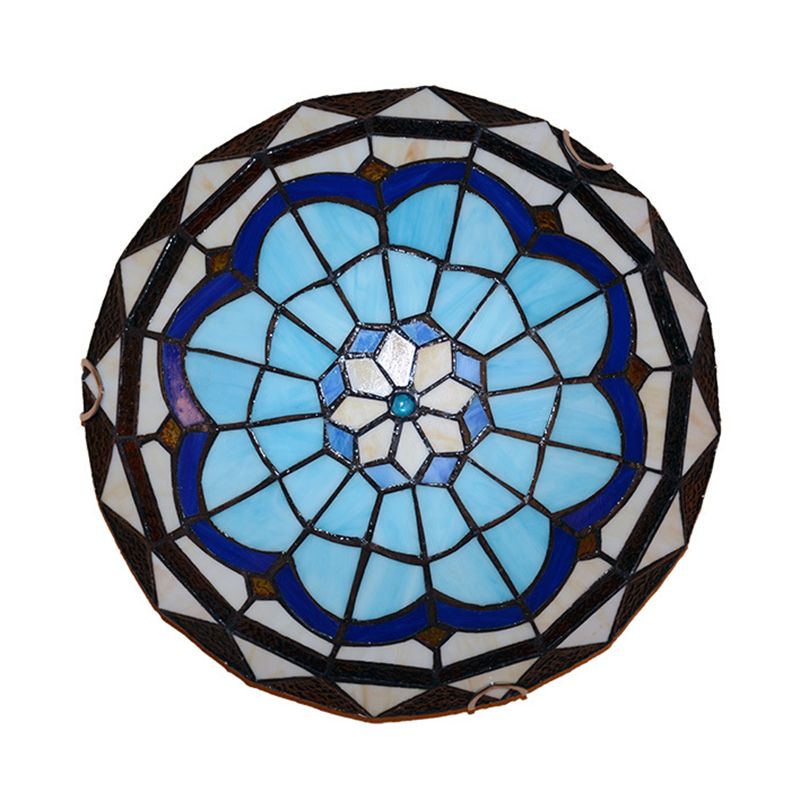 Dome Ceiling Flush Light Vintage Blue Handcrafted Glass Flushmount with Feather Pattern