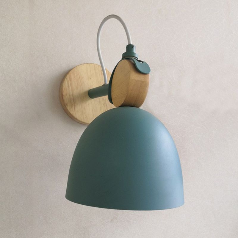 Simplicity Bell Wall Light Fixture Metallic Single-Bulb Bedroom Wall Mounted Lamp with Circle Wooden Backplate