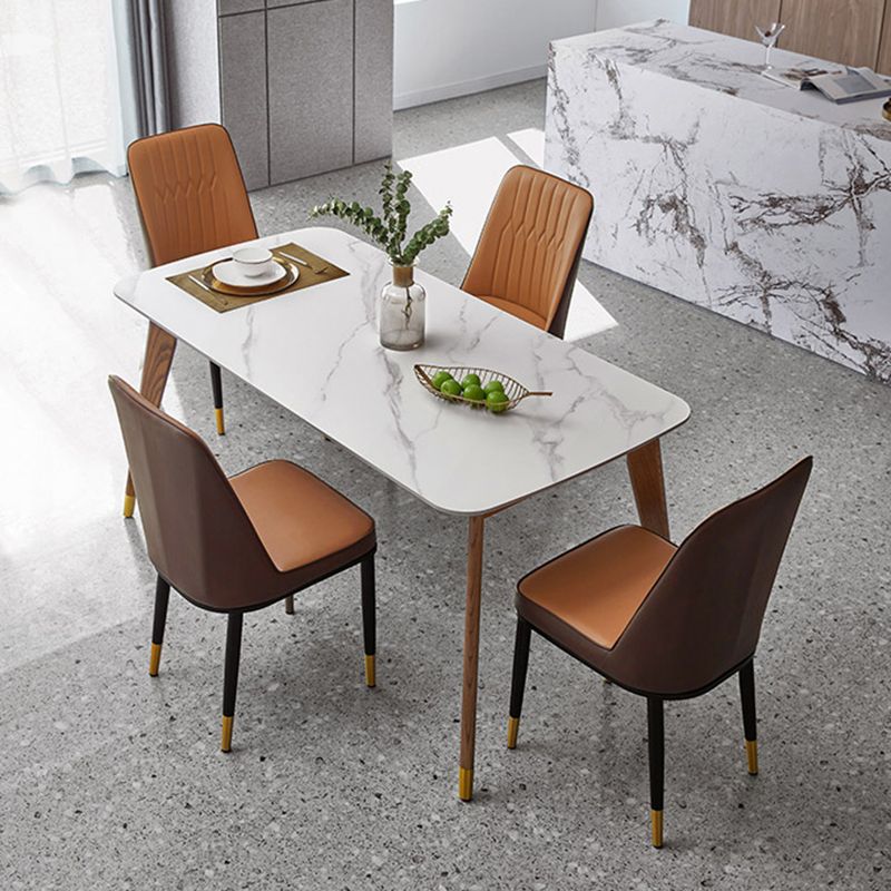Contemporary Rectangular White Stone Dining Table with 4 Wooden Foot