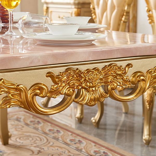 Solid Wood Victorian Rectangular Dining Table Marble Top Table with 4 Legs