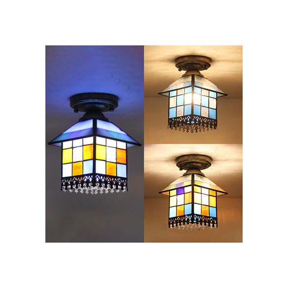 1 Head House Flush Verlichting Rustiek Lodge Style Glas Flush Mount Lamp in Black/Blue/Brass/Clear/Blue-Clear voor Foyer