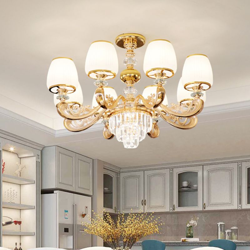Barrel White Frosted Glass Chandelier Lighting Classic Bedroom Pendant Light with Tiered Crystal Accent