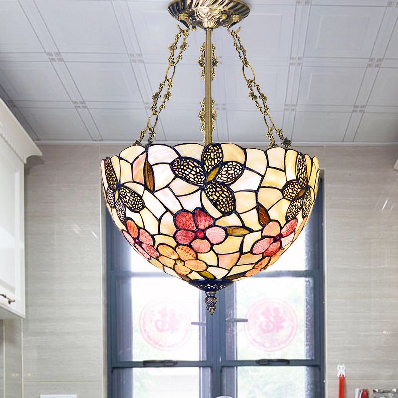 12"/16" W Flower Semi Mount Lighting 3 Lights Shell Victorian Ceiling Flush in Antique Brass with Dome Shade