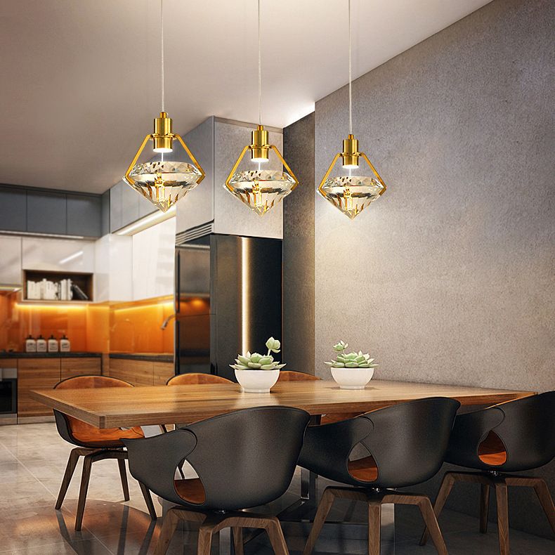 Modern Luxury LED Pendant Light Electroplate Metal Geometric Hanging Lamp with Crystal Shade