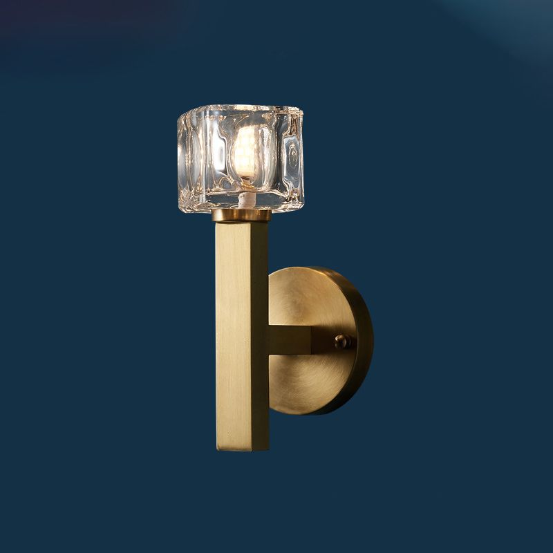 Modern Cylindrical Sconce Light 1/2-Bulb Clear Crystal Block Wall Lighting Fixture in Brass for Living Room