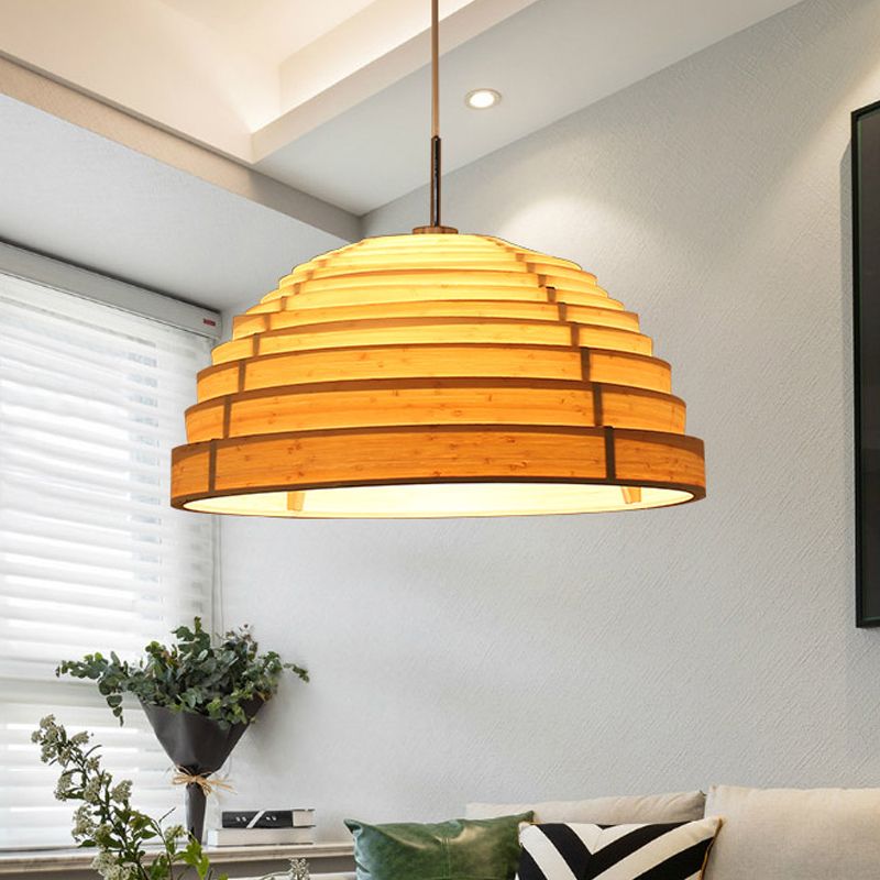 Rippled Hemispherical Hanging Light Minimalist Wood Single Living Room Ceiling Pendant in Beige