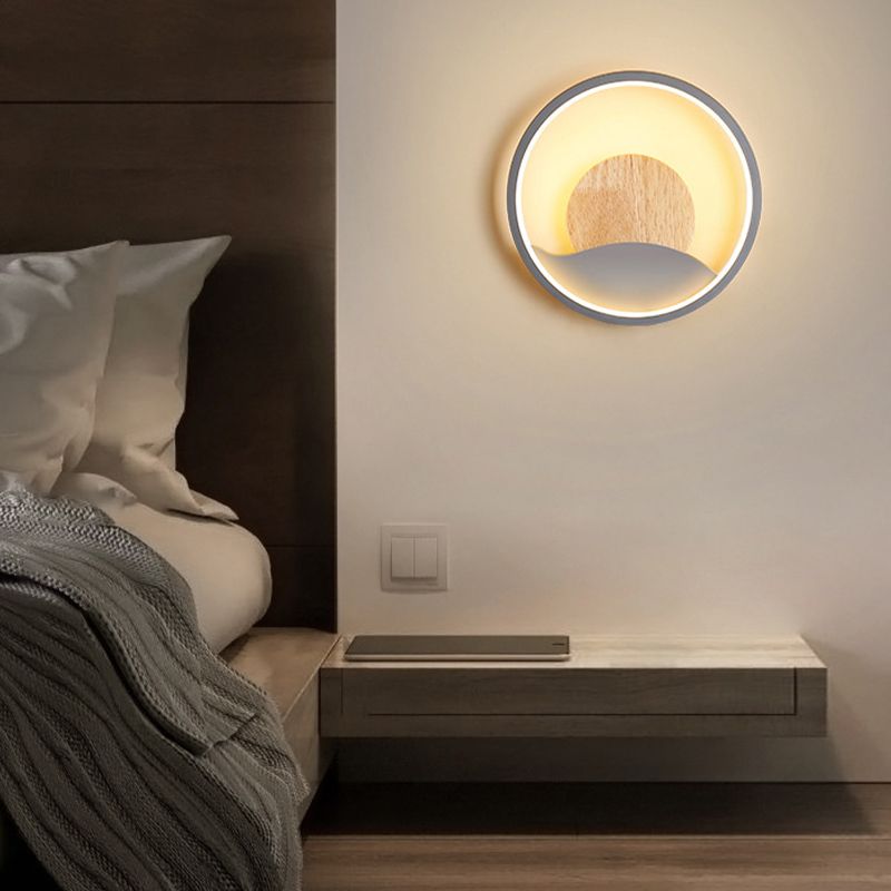 Iron and Wood Modern Wall Mount Round LED in White / Grey Wall Light