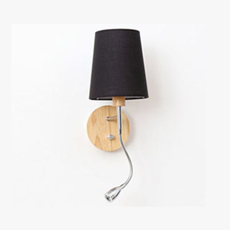 Geometric Fabric Reading Wall Light Nordic 2-Light Natural Wood Wall Lamp with Switch