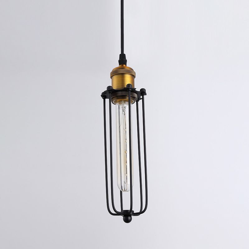 Vintage Industrial Cylindrical Wire Cage Pendant Light Black Metal Suspension Light for Living Room