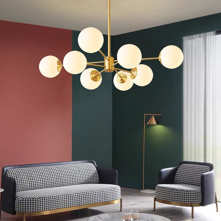 Post-Modern Metal Hanging Chandelier Light Opal Glass Shade Ceiling Chandelier in Gold for Bedroom