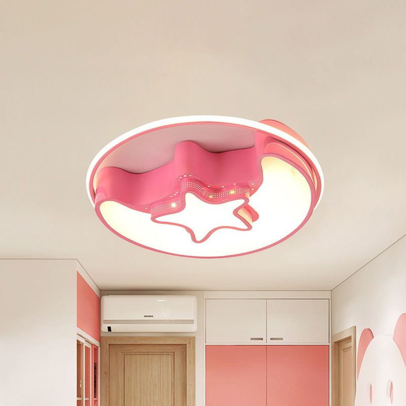 Nordic LED Ceiling Fixture White/Pink/Blue Moon and Star Flush Mount Spotlight with Acrylic Shade in White/3 Color Light