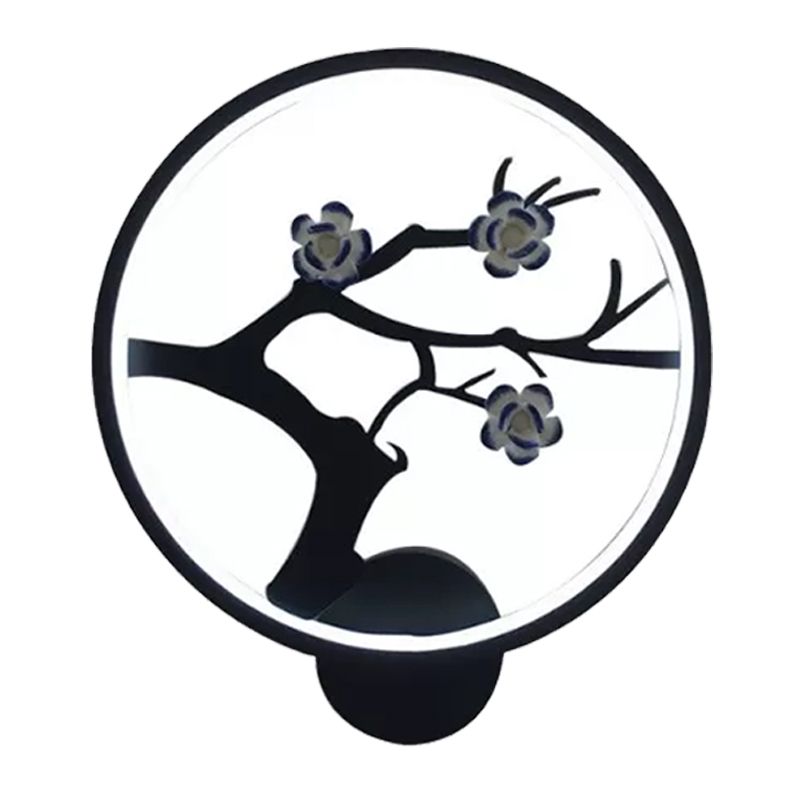 Flower Branch Silhouette Sconce Light Chinese Iron Black Ring LED Wall Mount Mural Lamp