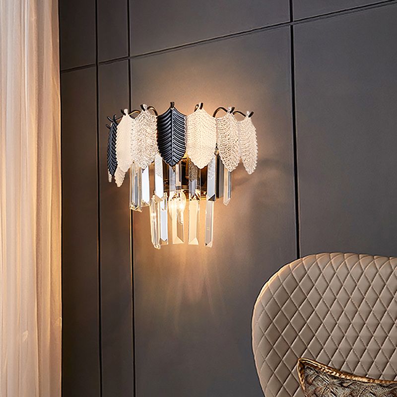 2 couches Crystal Rectangle Sconce Light Aymator Moderniste 3 têtes Lampe murale en noir et blanc avec une déco de feuille acrylique