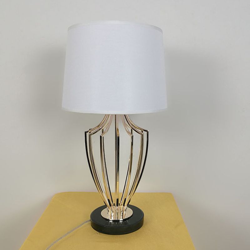 Minimal Barrel Night Table Lamp Fabric 11"/14" W 1 Head Bedroom Desk Lighting in Black/White with Urn Cage Base
