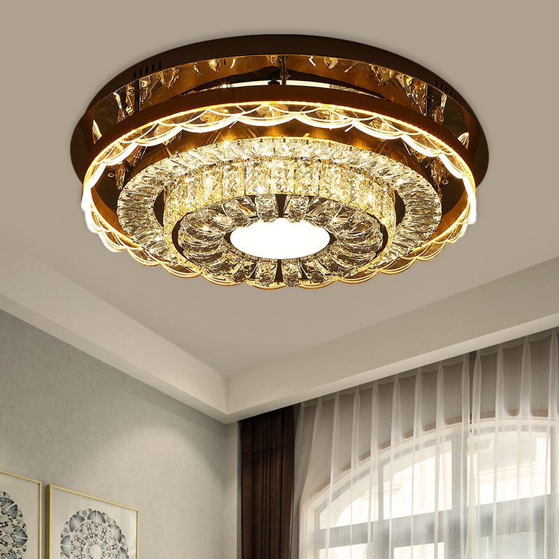 Round Close to Ceiling Lighting Modern Style Crystal Block LED Flush Mount Fixture in Chrome