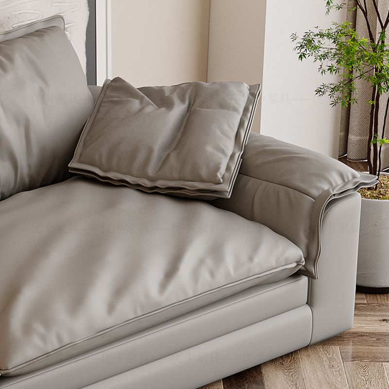 Grey Contemporary Faux Leather Pillow Top Arm Sofa with Loose Back for Living Room