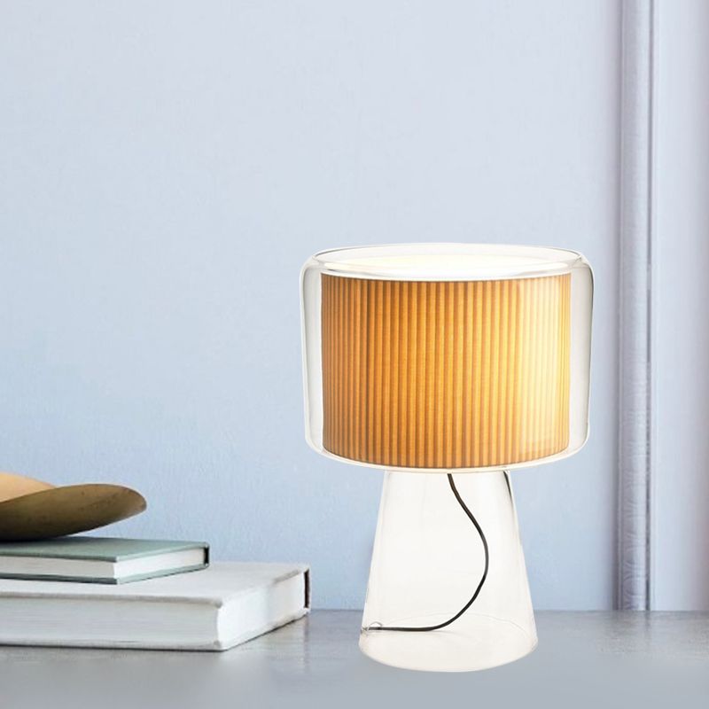 Clear Glass Fungus Plug-In Night Lamp Modernist Single White/Beige Table Light with Gathered Fabric Shade Inside